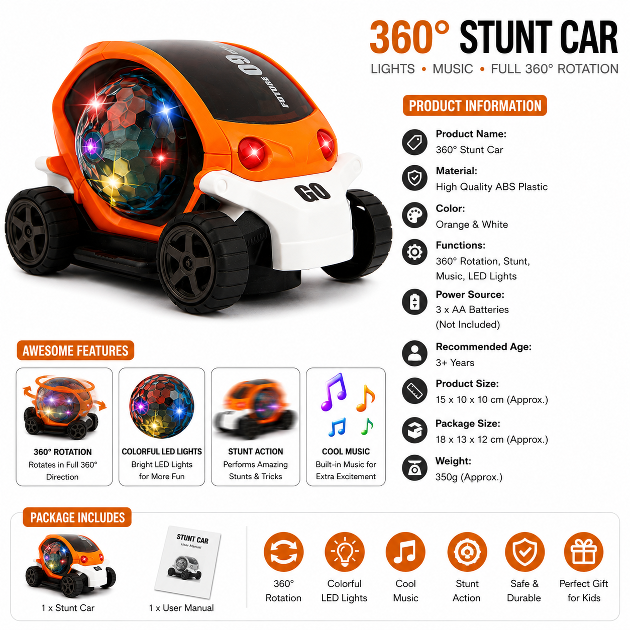 Bump & Go 360° Rotating Stunt Car Toy for Kids with LED Lights & Music | Battery Operated Action Toy Car | Random Color