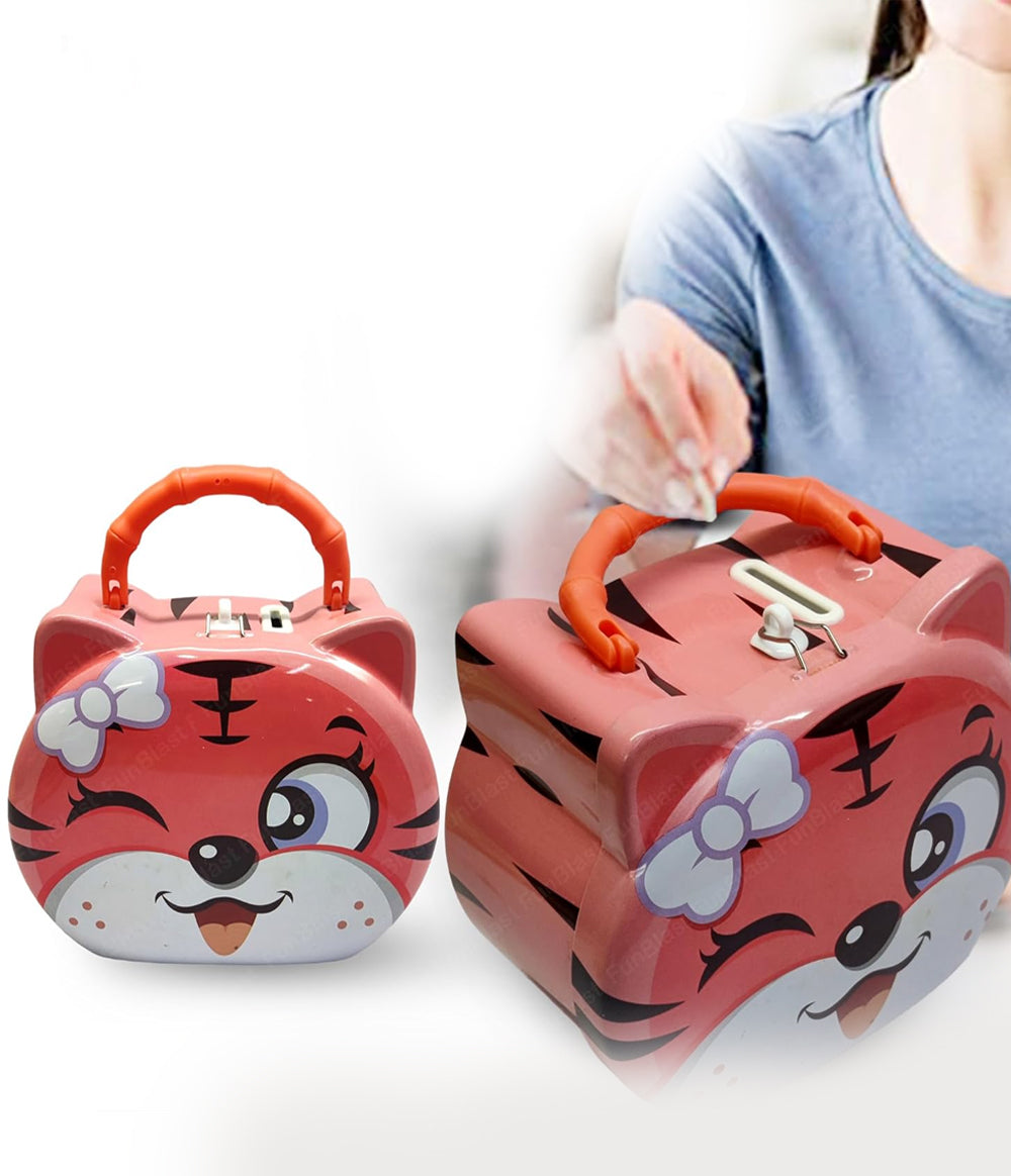 Tiger Coin Box for Kids - Cute Cartoon Design Piggy Bank with Lock & Key, Money Saving Metal Coin Bank