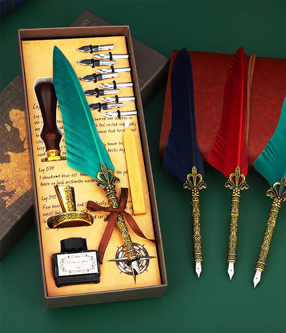 Feather Pen Calligraphy Pen and Ink Set Antique Writing Quill Ink Dip Pens with Sealing Stamp