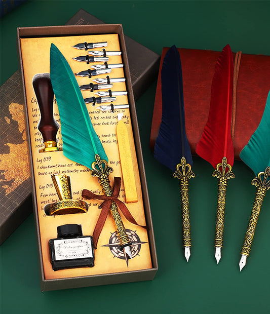 Feather Pen Calligraphy Pen and Ink Set Antique Writing Quill Ink Dip Pens with Sealing Stamp