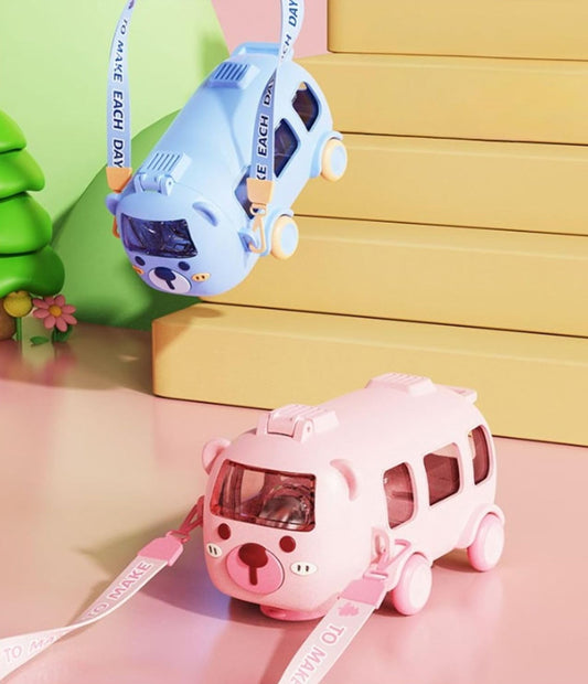 Bus Shape Water Bottle for Kids with Strap, Sipper, and Straw