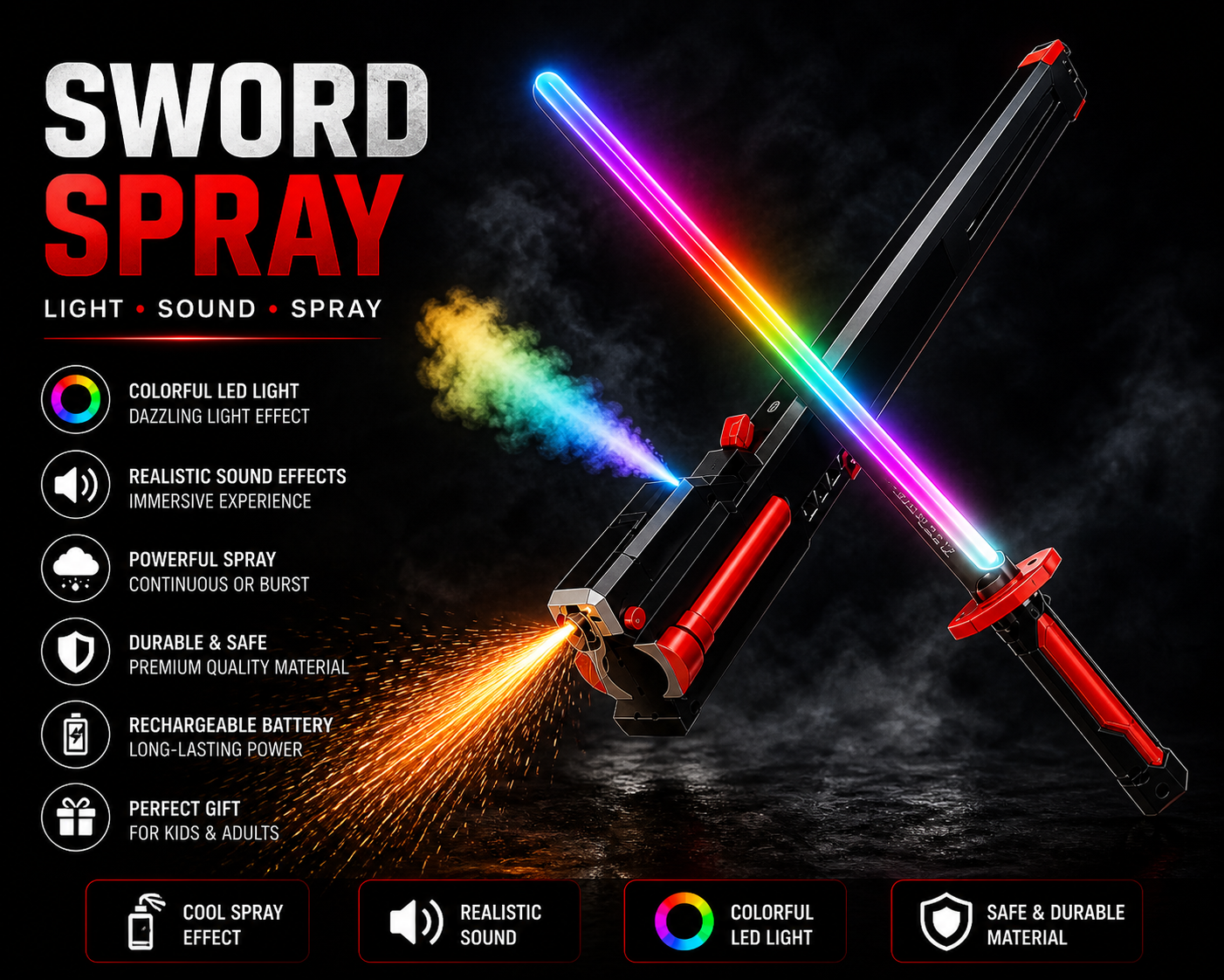 LED Sword Toy with Mist Spray Mode & Flowing Lights | Realistic Sound Effects | Rechargeable Battery | Safe Kids Role Play Toy