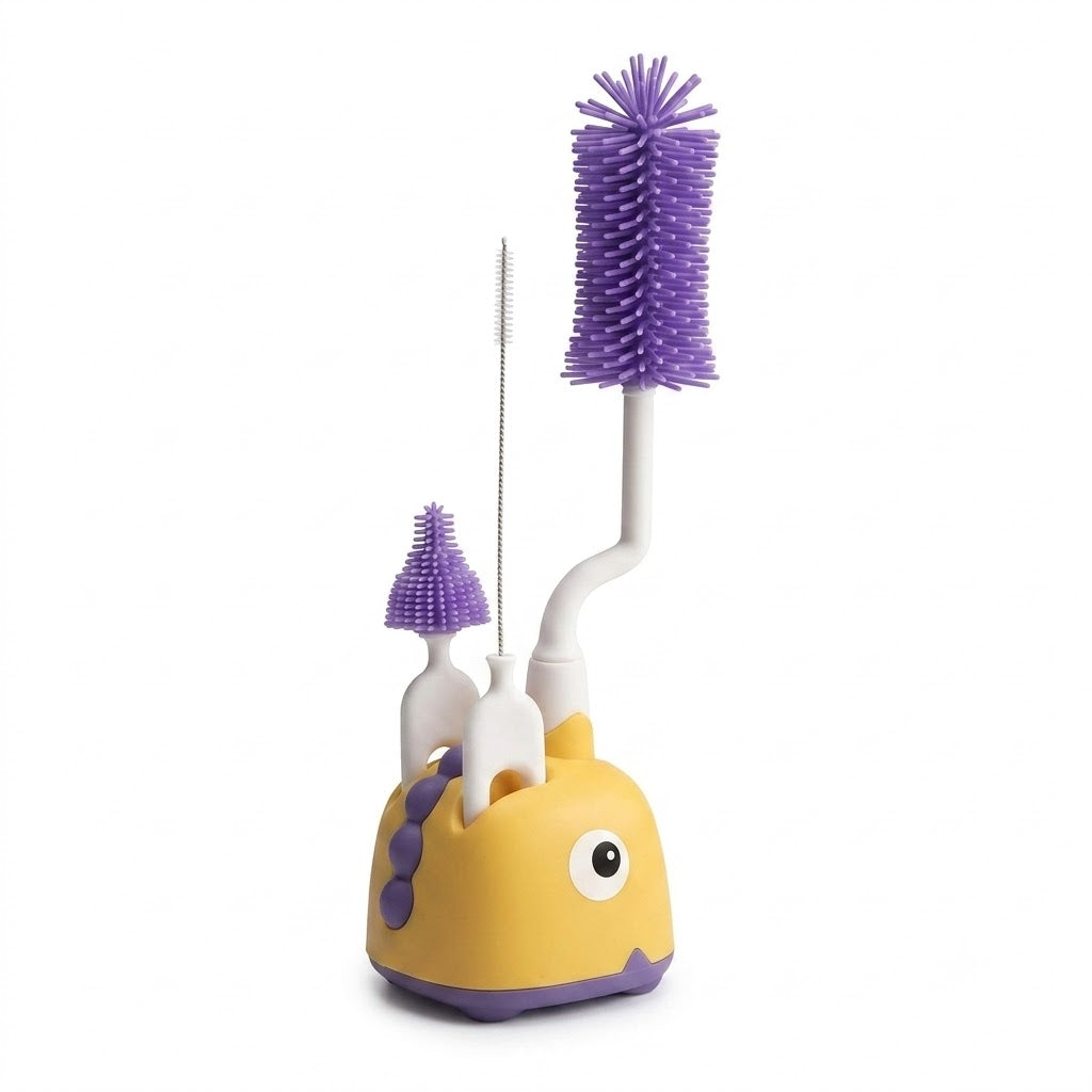 Organickidz 4-in-1 Bottle Brush Set (BPA Free) with Silicone Bristles & Dino Stand | OK-811