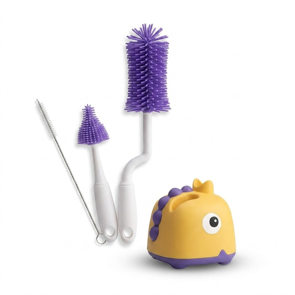 Organickidz 4-in-1 Bottle Brush Set (BPA Free) with Silicone Bristles & Dino Stand | OK-811