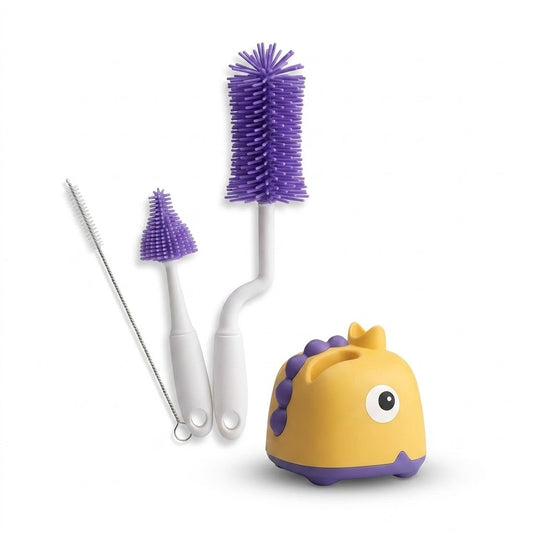 Organickidz 4-in-1 Bottle Brush Set (BPA Free) with Silicone Bristles & Dino Stand | OK-811