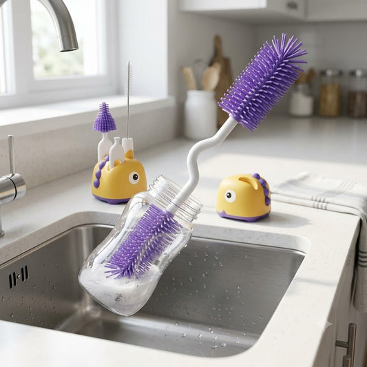 Organickidz 4-in-1 Bottle Brush Set (BPA Free) with Silicone Bristles & Dino Stand | OK-811