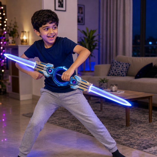 7-Color LED Double Blade Sword Toy with Sound FX, Smoke & Spark Effects – Rechargeable Anime-Inspired Cosplay Light Saber for Kids, Parties & Halloween