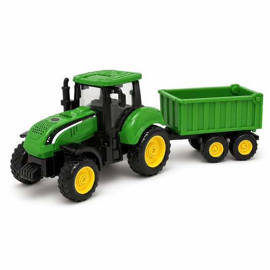 Green Farm Tractor Toy with Cargo Trailer & Free-Moving Wheels for Kids – Ages 3+