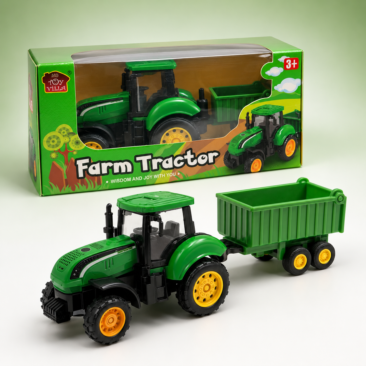 Green Farm Tractor Toy with Cargo Trailer & Free-Moving Wheels for Kids – Ages 3+