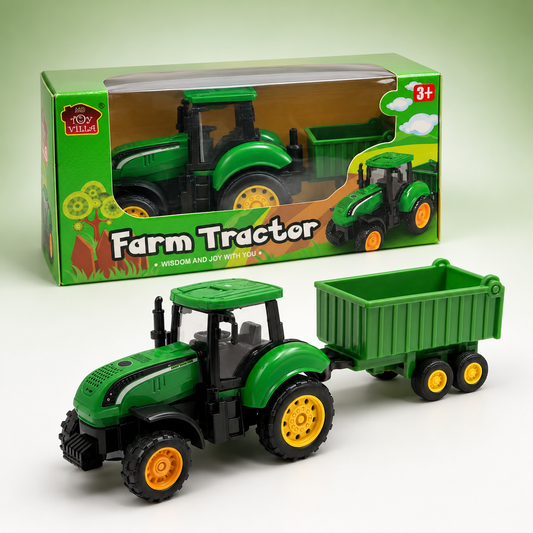 Green Farm Tractor Toy with Cargo Trailer & Free-Moving Wheels for Kids – Ages 3+