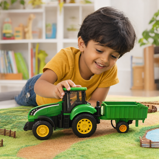 Green Farm Tractor Toy with Cargo Trailer & Free-Moving Wheels for Kids – Ages 3+