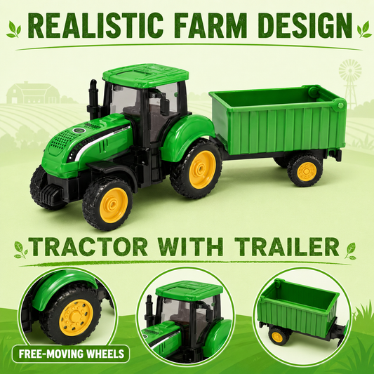 Green Farm Tractor Toy with Cargo Trailer & Free-Moving Wheels for Kids – Ages 3+