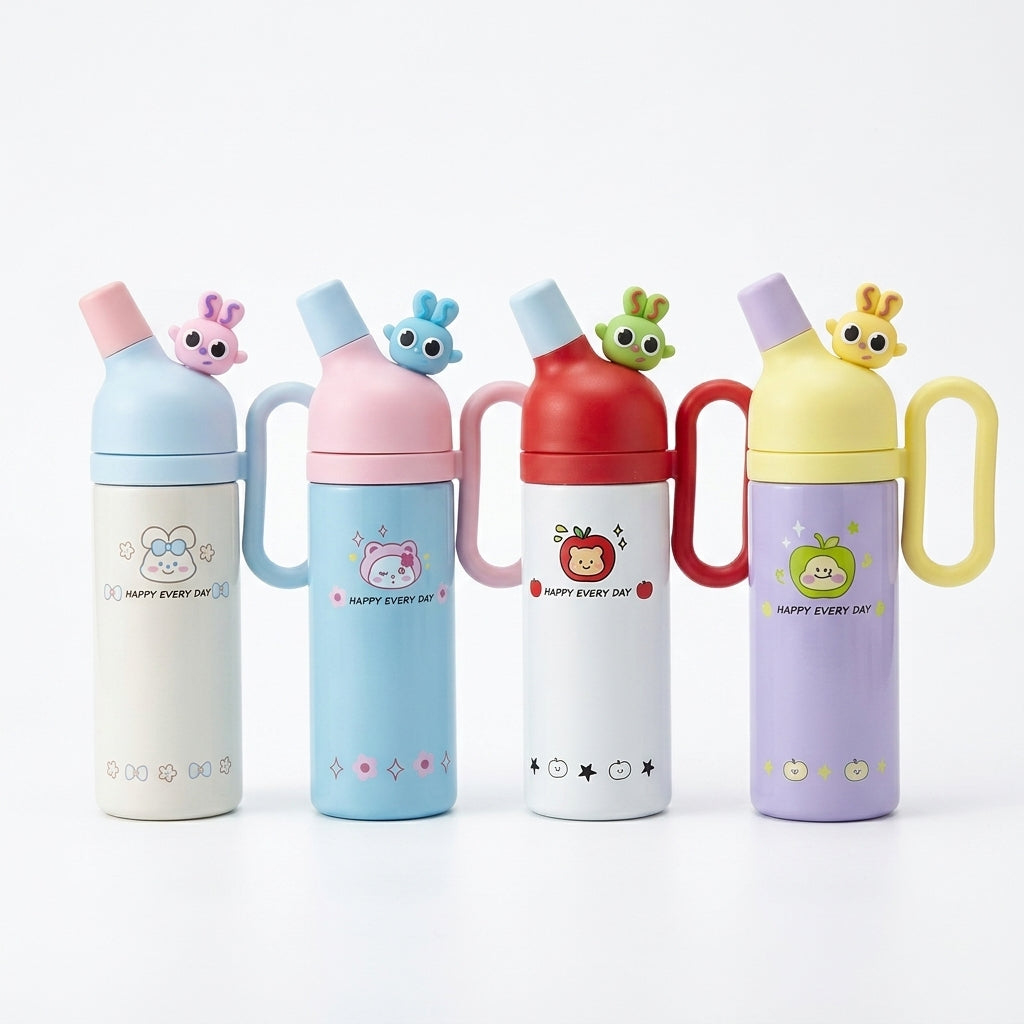 Cute cartoon kids water bottle with side handle, flip-top spout and “HAPPY EVERY DAY” printed body, multiple colours