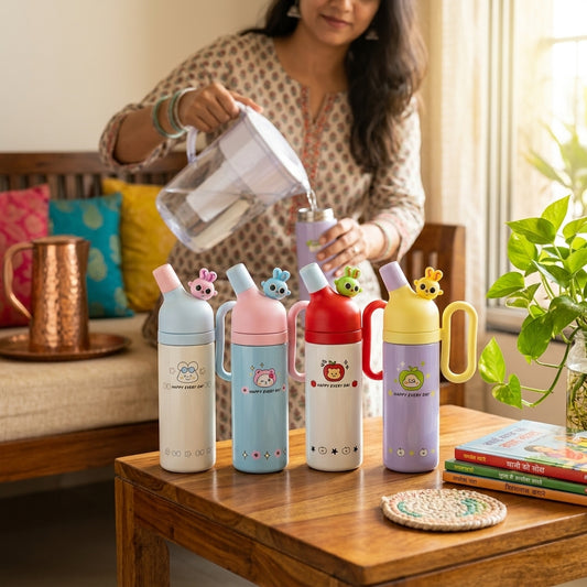 Cute cartoon kids water bottle with side handle, flip-top spout and “HAPPY EVERY DAY” printed body, multiple colours