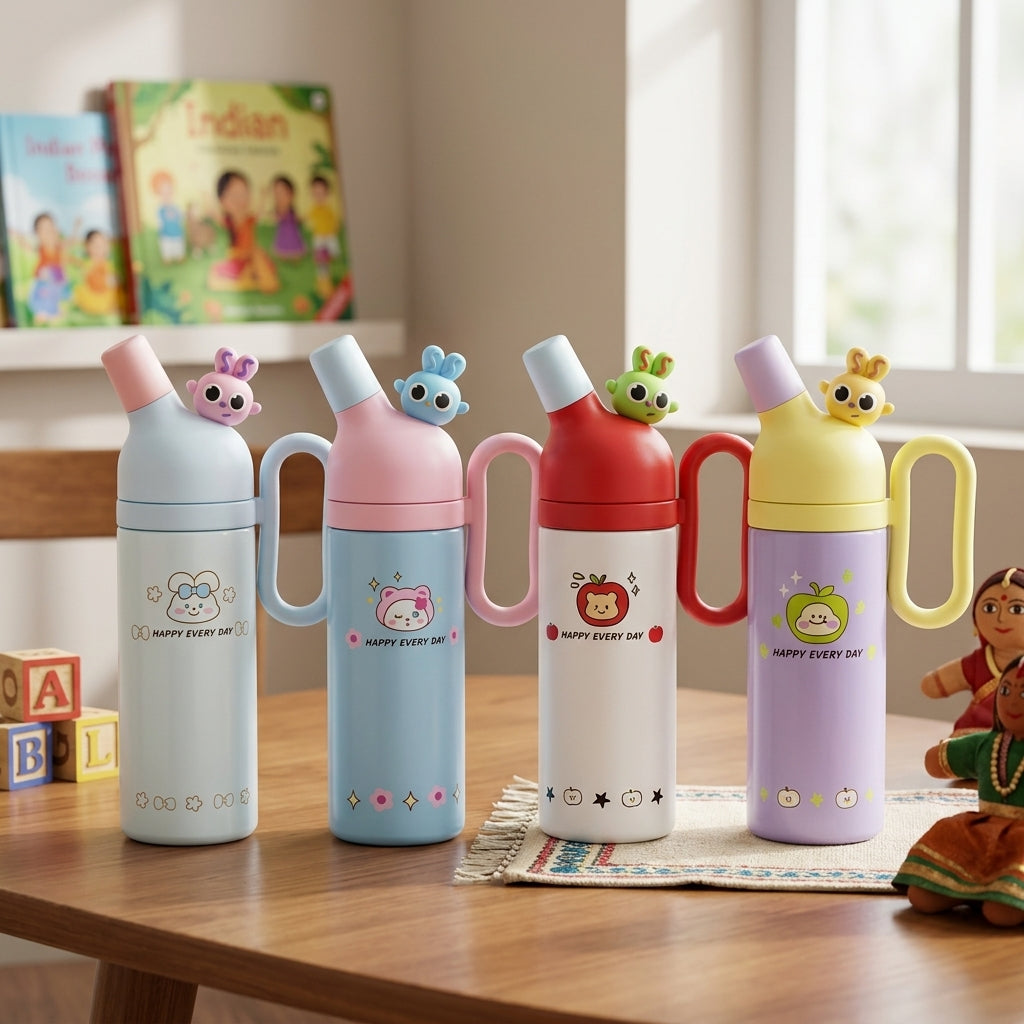 Cute cartoon kids water bottle with side handle, flip-top spout and “HAPPY EVERY DAY” printed body, multiple colours