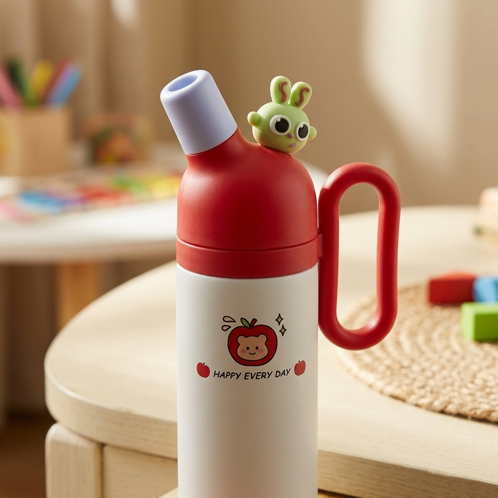 Cute cartoon kids water bottle with side handle, flip-top spout and “HAPPY EVERY DAY” printed body, multiple colours