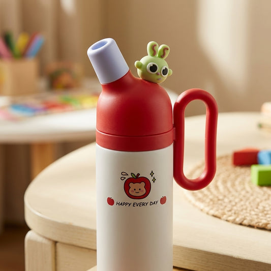 Cute cartoon kids water bottle with side handle, flip-top spout and “HAPPY EVERY DAY” printed body, multiple colours