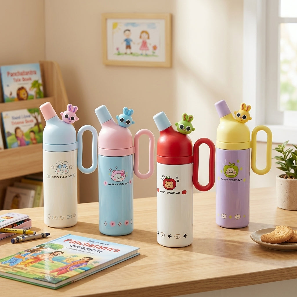 Cute cartoon kids water bottle with side handle, flip-top spout and “HAPPY EVERY DAY” printed body, multiple colours