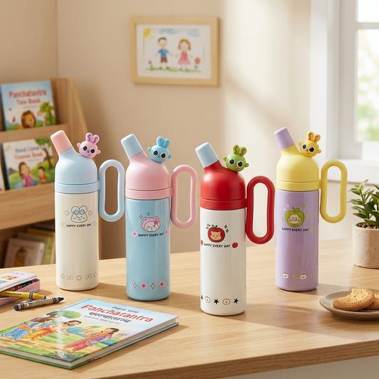 Cute cartoon kids water bottle with side handle, flip-top spout and “HAPPY EVERY DAY” printed body, multiple colours