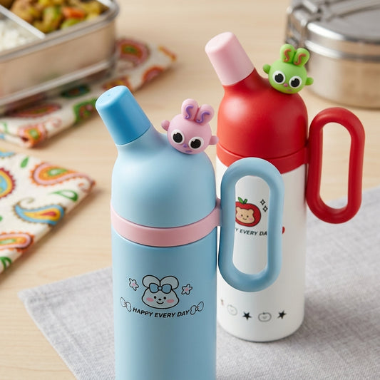 Cute cartoon kids water bottle with side handle, flip-top spout and “HAPPY EVERY DAY” printed body, multiple colours