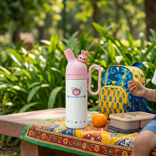 Cute cartoon kids water bottle with side handle, flip-top spout and “HAPPY EVERY DAY” printed body, multiple colours