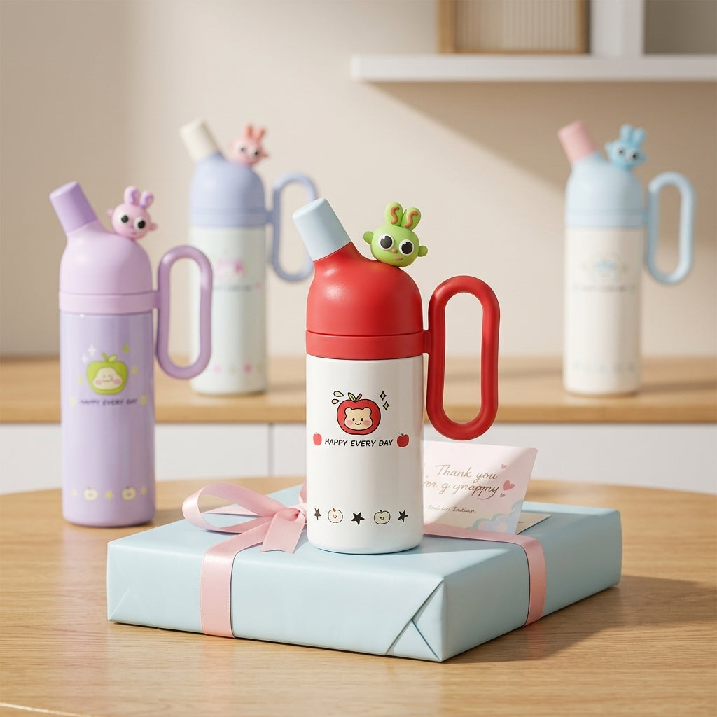 Cute cartoon kids water bottle with side handle, flip-top spout and “HAPPY EVERY DAY” printed body, multiple colours