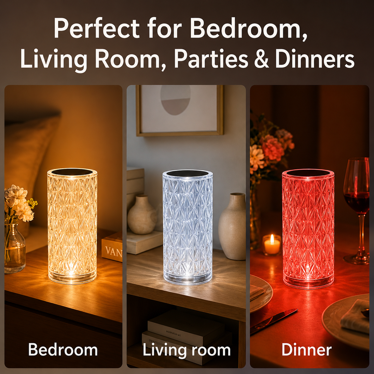 Crystal Diamond LED Table Lamp – 16 Color RGB Touch Night Light with Remote Control, USB Rechargeable Bedside Lamp for Bedroom, Living Room & Home Décor
