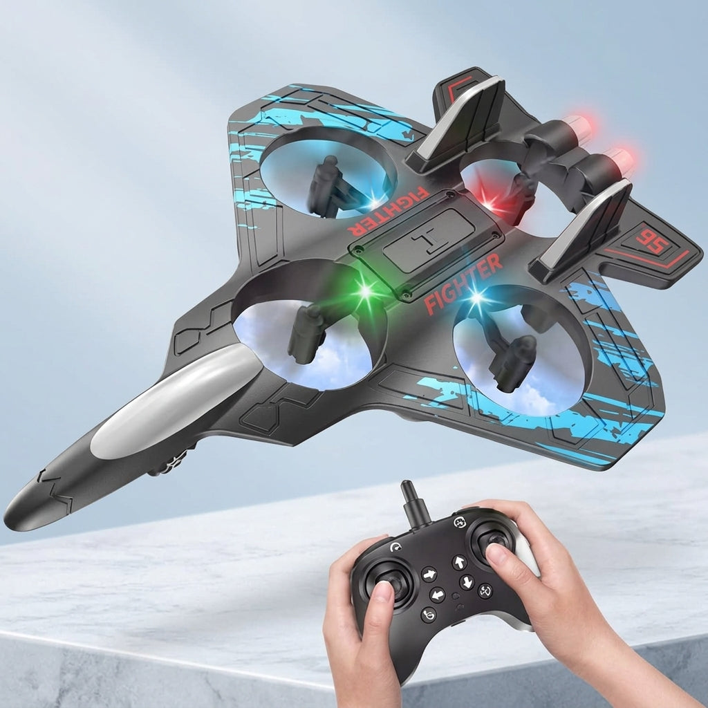 Remote Control Starfighter Aircraft Toy with LED Lights & 360° Stunt Rotation – USB Rechargeable Flying Spacecraft for Kids & Teens – angle view