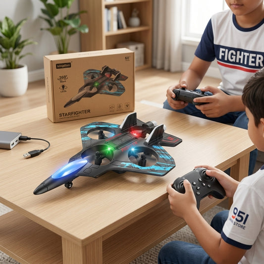 Remote Control Starfighter Aircraft Toy with LED Lights & 360° Stunt Rotation – USB Rechargeable Flying Spacecraft for Kids & Teens – scale view