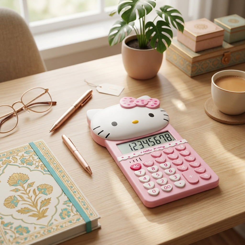 Cute Pink Hello Kitty 8-Digit Pocket Calculator with Solar Power & Electronic Display – angle view