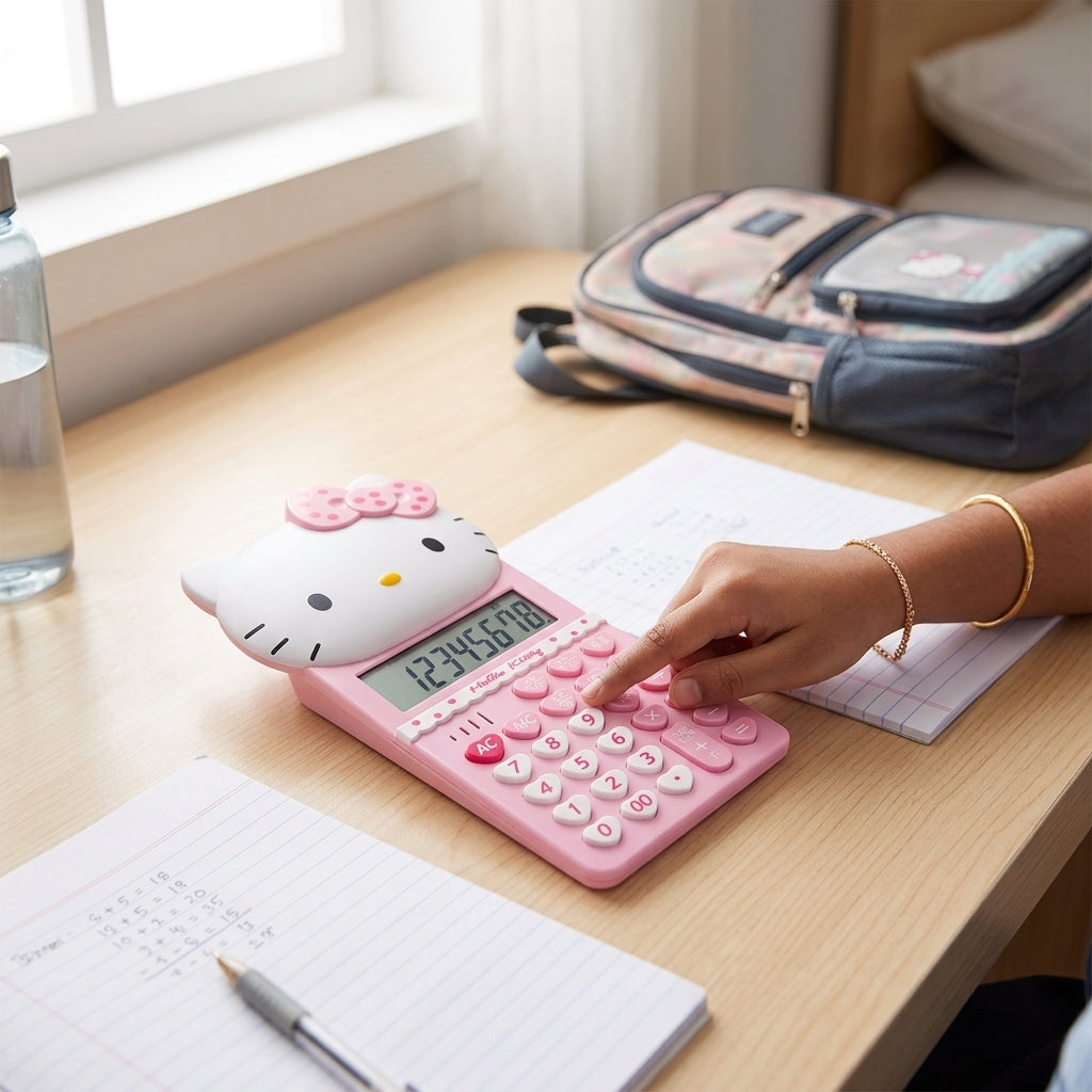 Cute Pink Hello Kitty 8-Digit Pocket Calculator with Solar Power & Electronic Display – lifestyle view