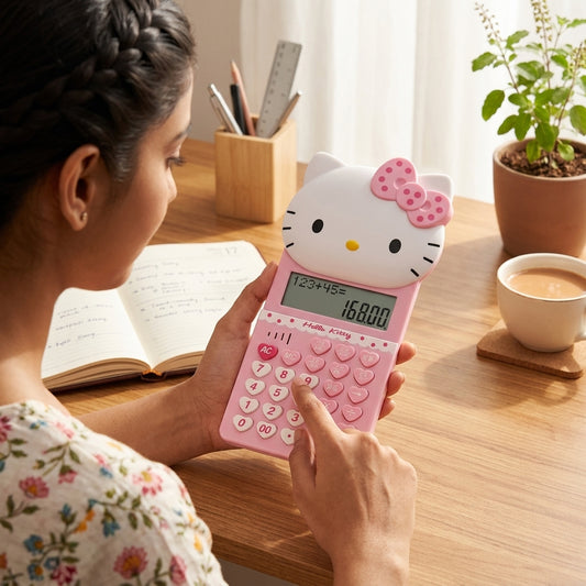 Cute Pink Hello Kitty 8-Digit Pocket Calculator with Solar Power & Electronic Display – scale view