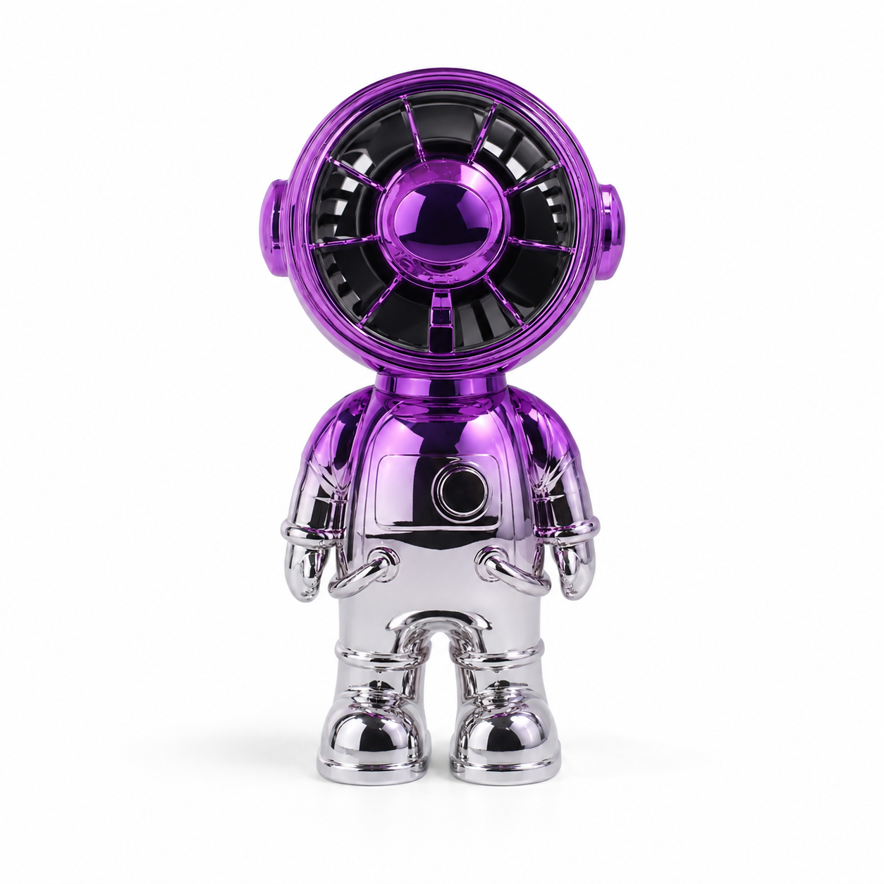 Astronaut-shaped mini desktop fan with purple helmet fan head, silver body, protective front grille and chest button control.