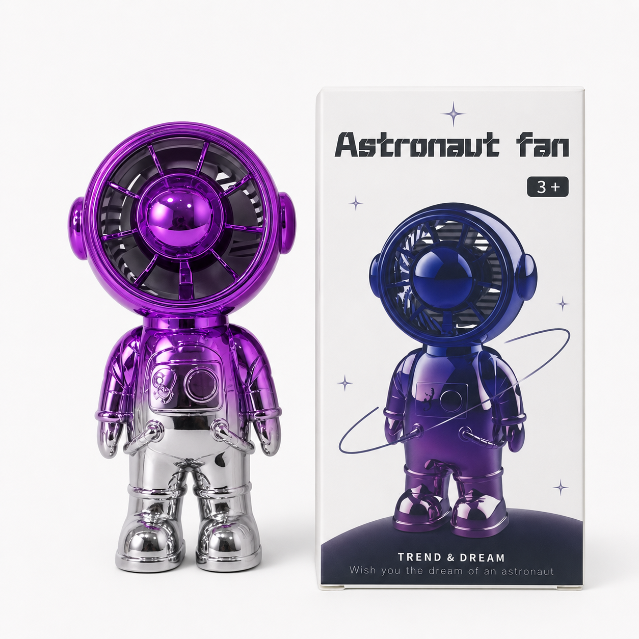 Astronaut-shaped mini desktop fan with purple helmet fan head, silver body, protective front grille and chest button control.
