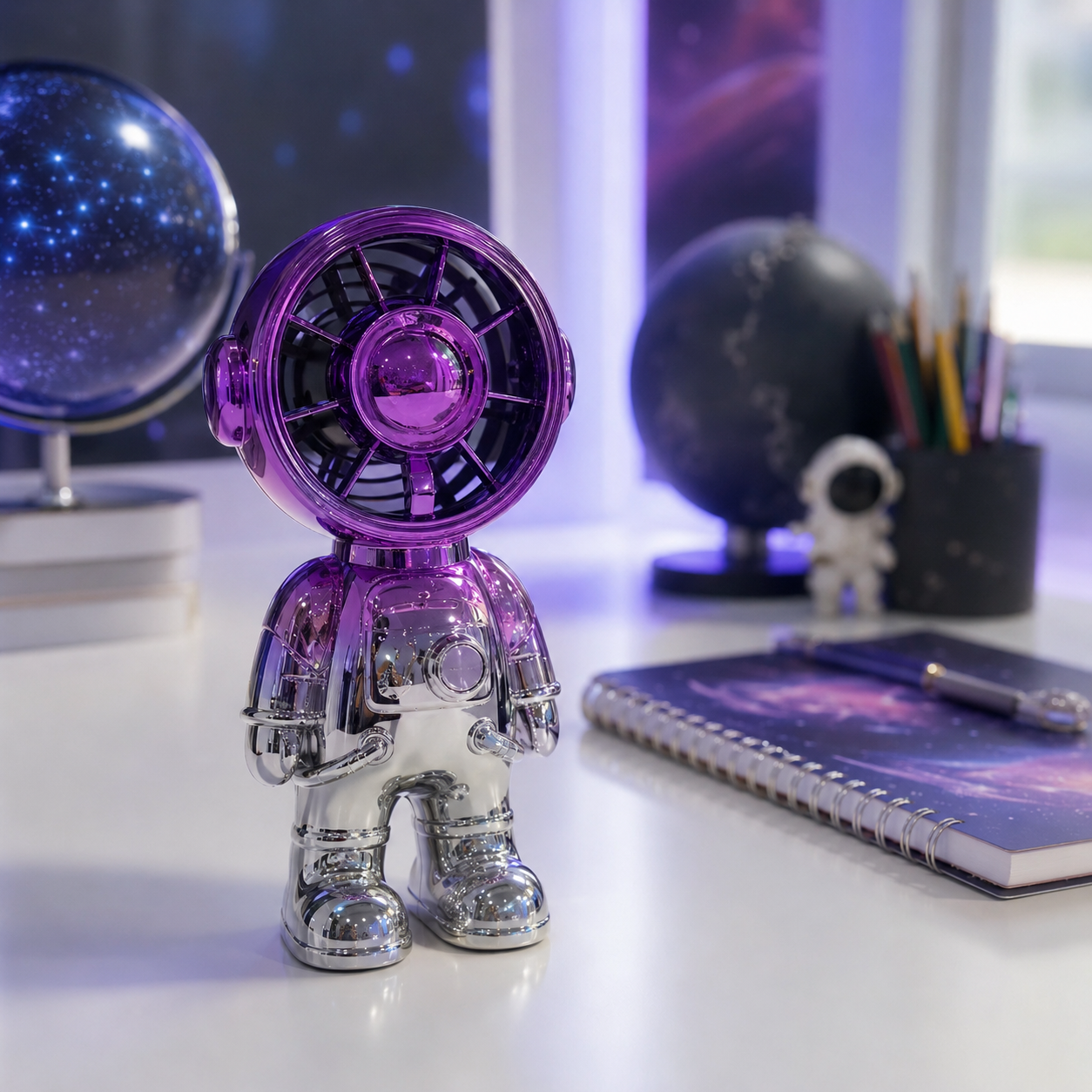 Astronaut-shaped mini desktop fan with purple helmet fan head, silver body, protective front grille and chest button control.