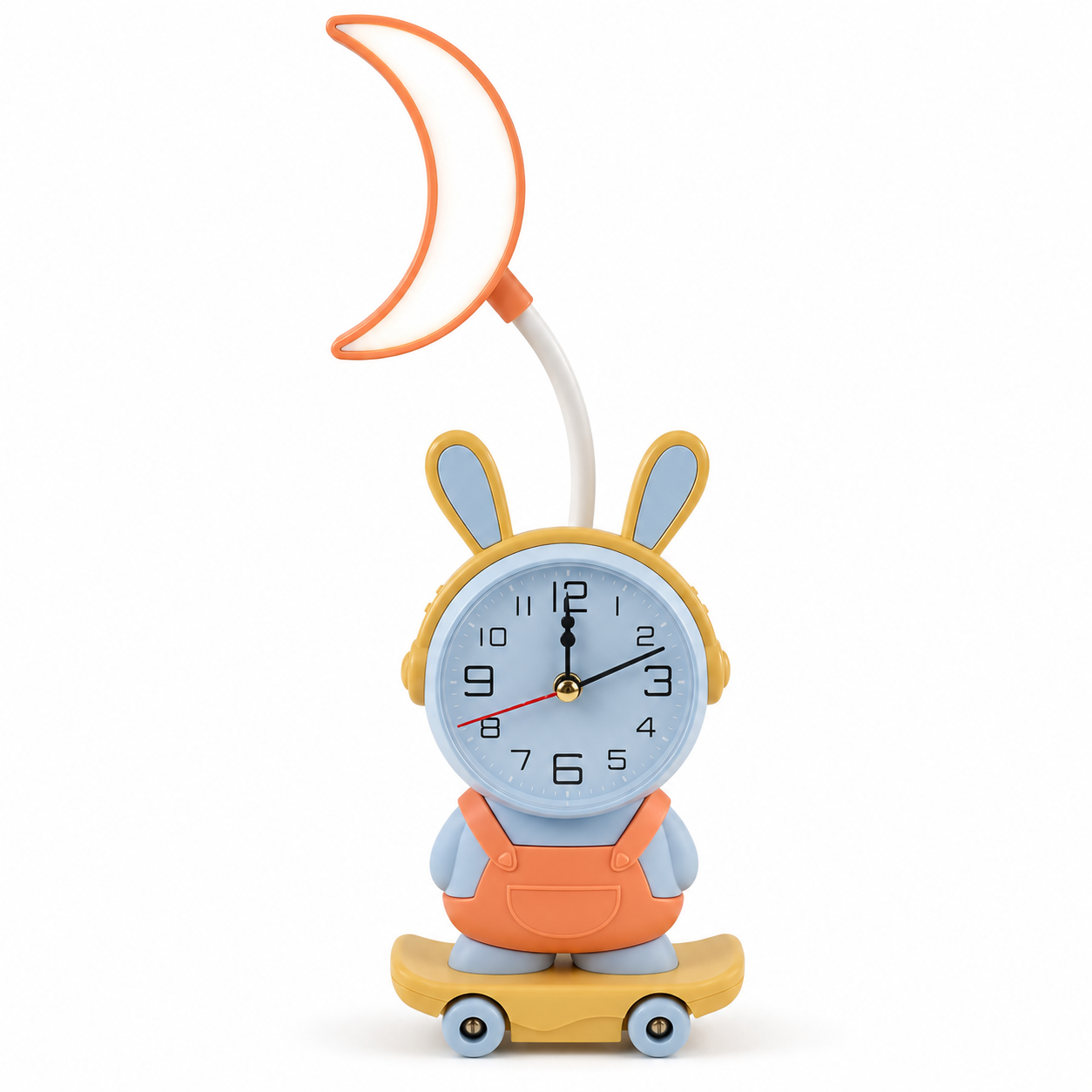 Rabbit-shaped tabletop analog clock with crescent moon lamp head on curved neck and skateboard-style base