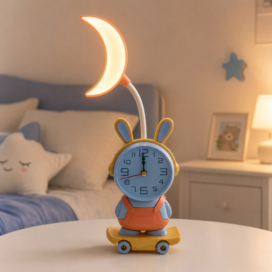 Rabbit-shaped tabletop analog clock with crescent moon lamp head on curved neck and skateboard-style base