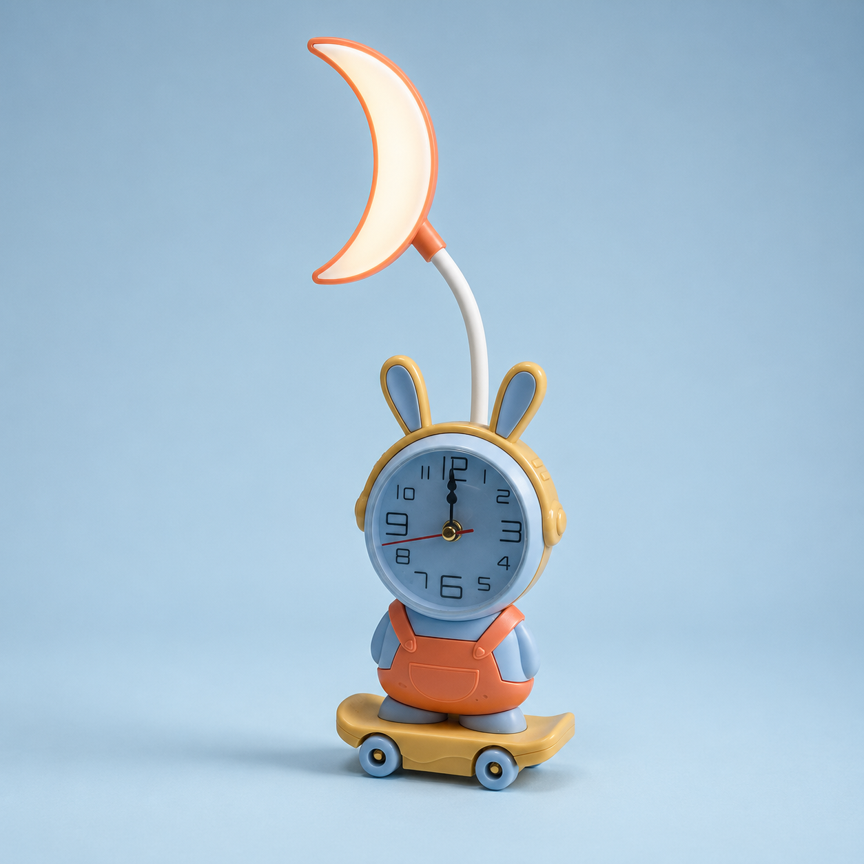 Rabbit-shaped tabletop analog clock with crescent moon lamp head on curved neck and skateboard-style base