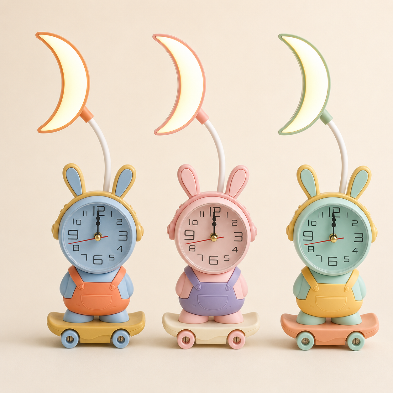 Rabbit-shaped tabletop analog clock with crescent moon lamp head on curved neck and skateboard-style base