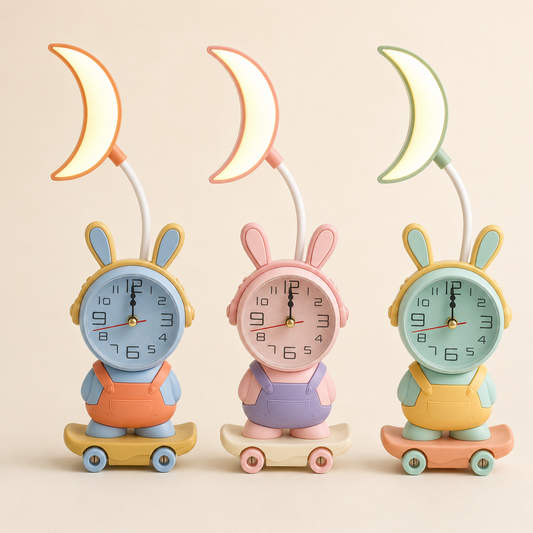 Rabbit-shaped tabletop analog clock with crescent moon lamp head on curved neck and skateboard-style base