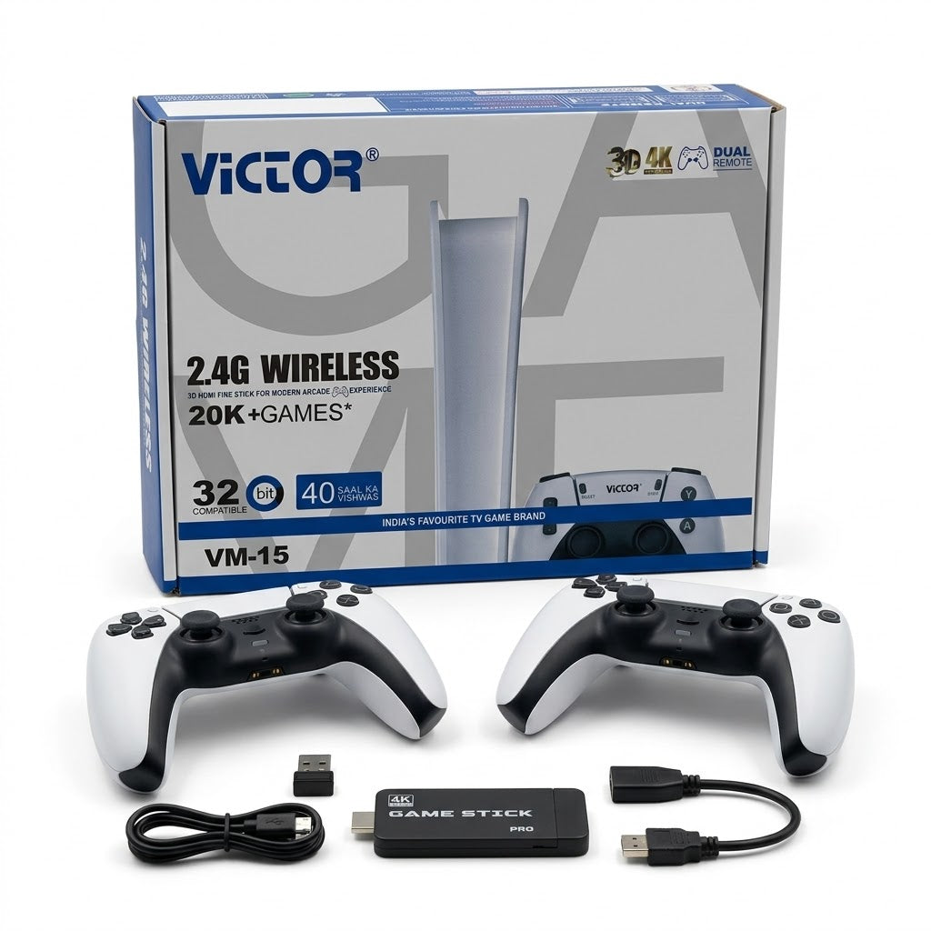 VICTOR VM-15 2.4G wireless HDMI TV game stick kit with dual controllers, USB receiver and cables shown