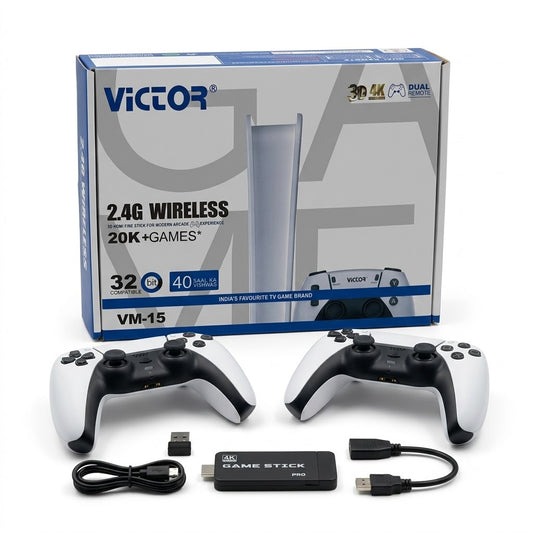 VICTOR VM-15 2.4G wireless HDMI TV game stick kit with dual controllers, USB receiver and cables shown