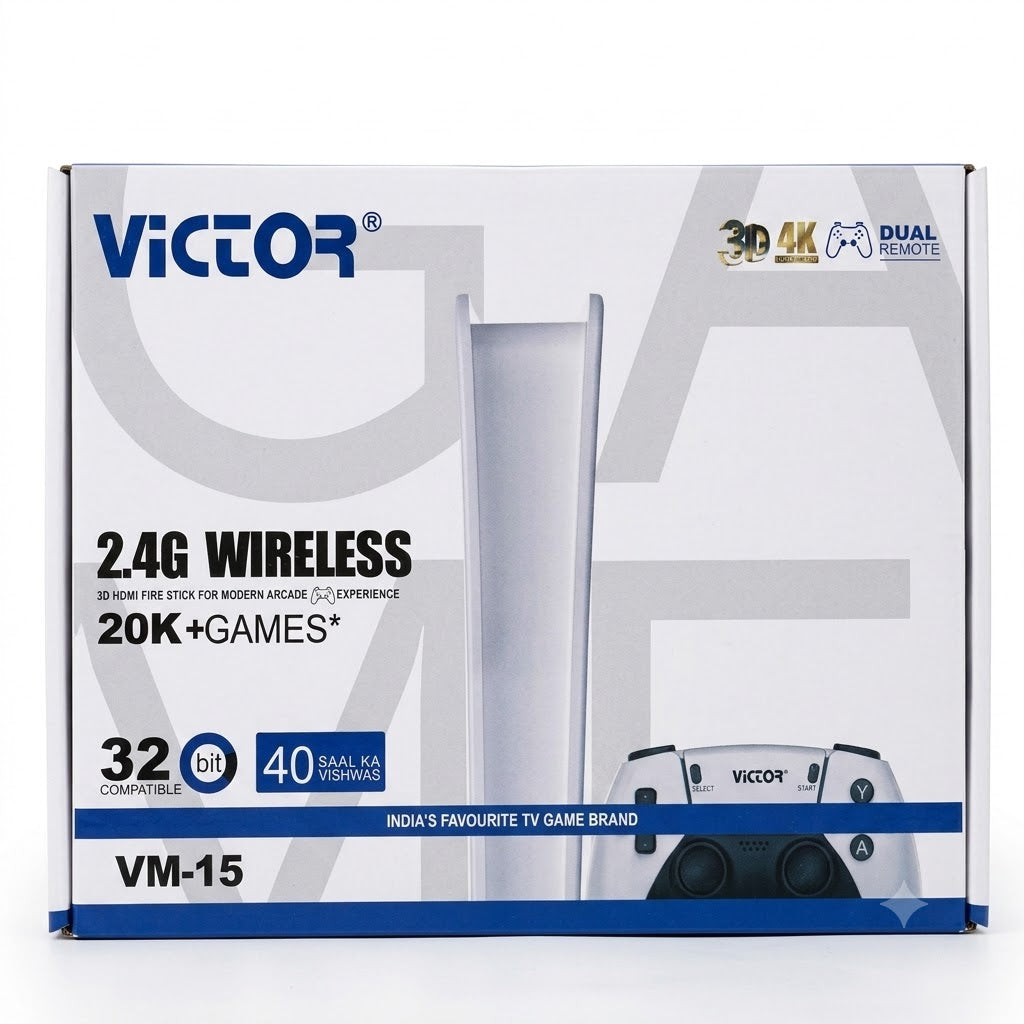 VICTOR VM-15 2.4G wireless HDMI TV game stick kit with dual controllers, USB receiver and cables shown