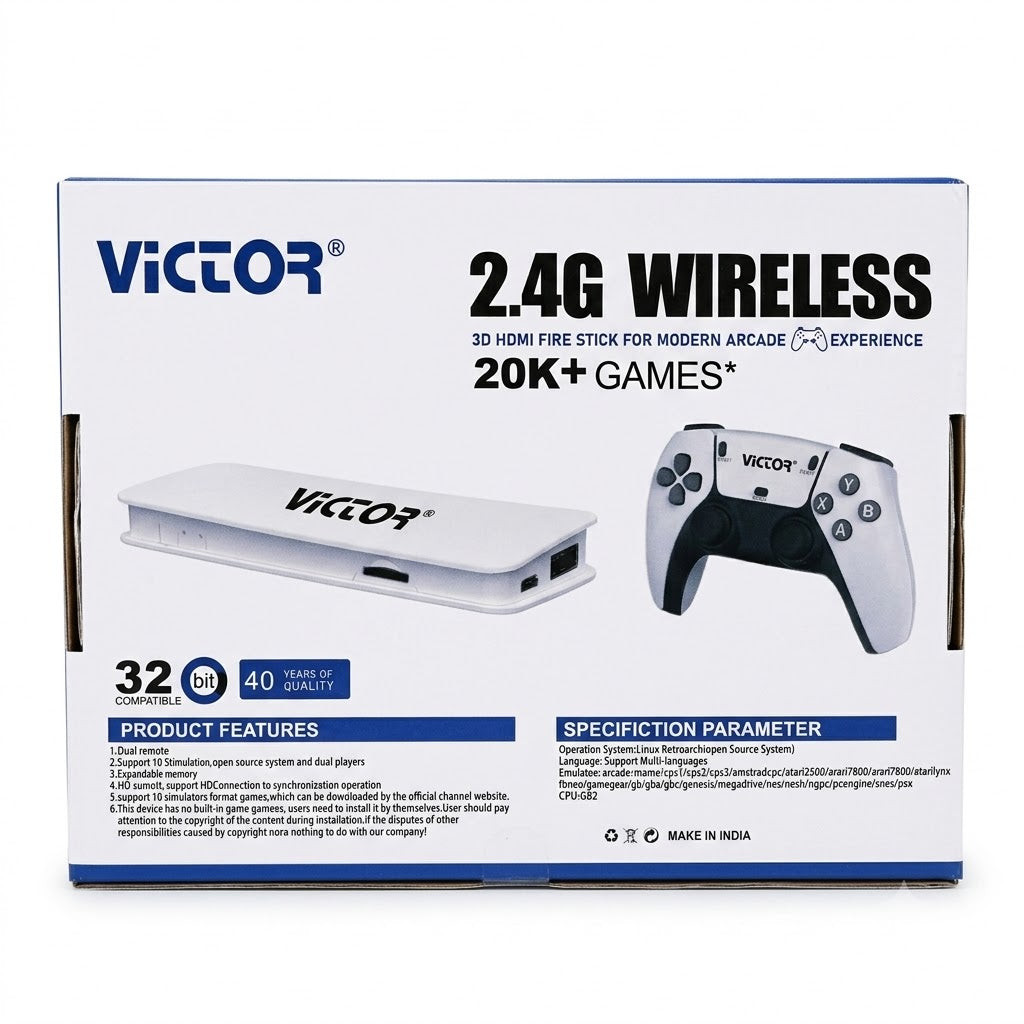 VICTOR VM-15 2.4G wireless HDMI TV game stick kit with dual controllers, USB receiver and cables shown