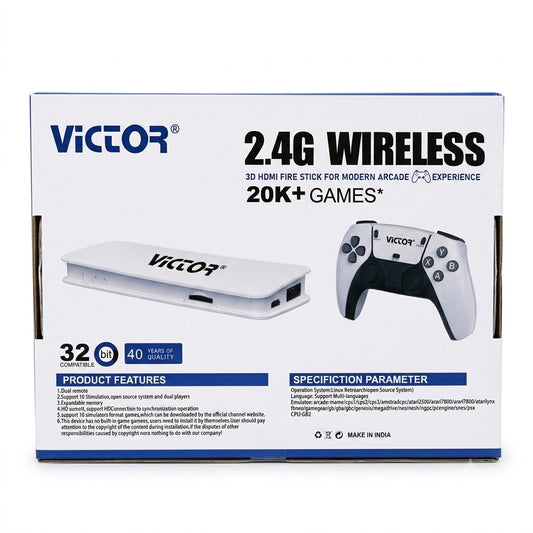 VICTOR VM-15 2.4G wireless HDMI TV game stick kit with dual controllers, USB receiver and cables shown