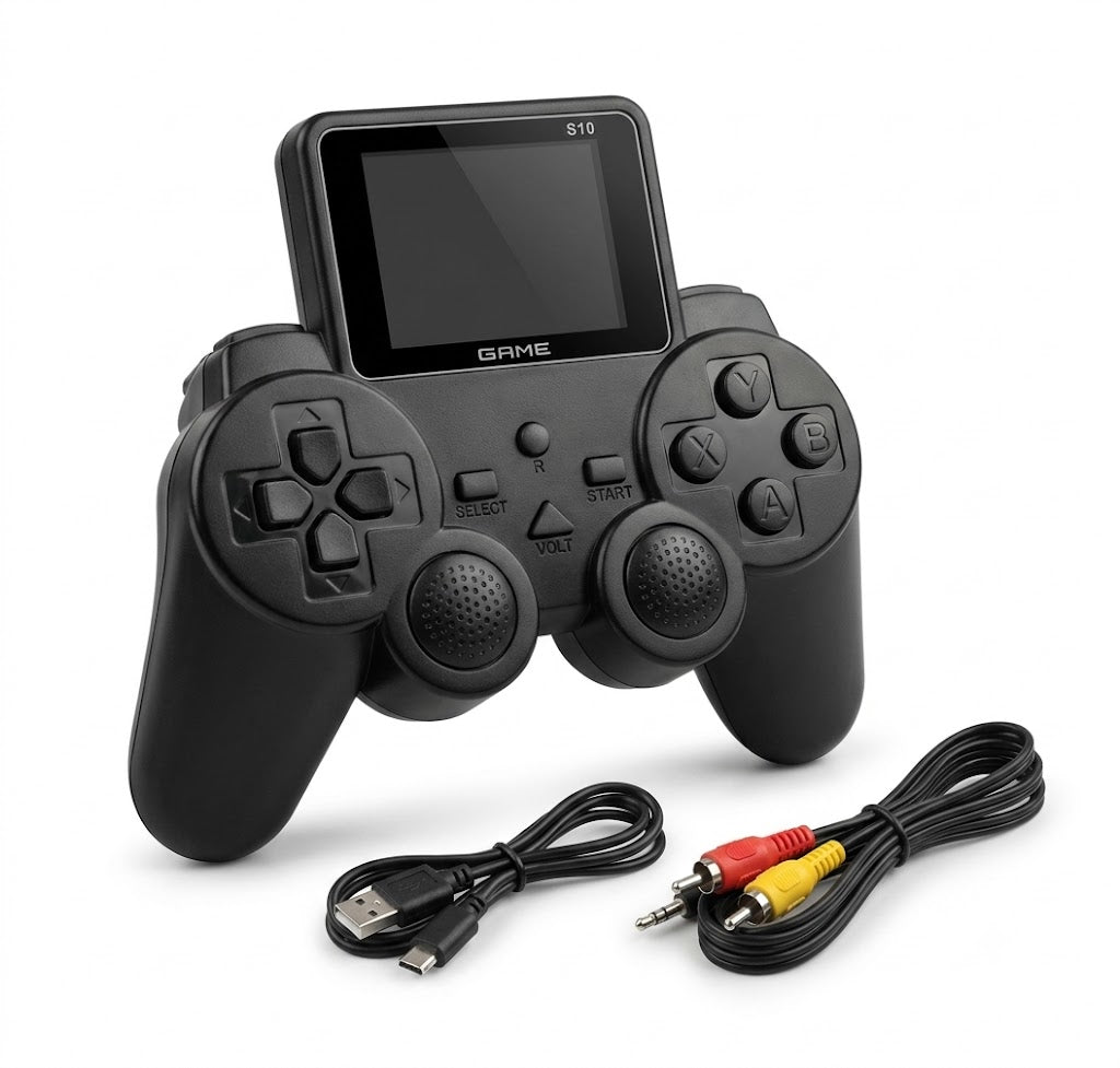 VS-10/S10 controller-style handheld retro game player with built-in screen, dual joysticks, A B X Y buttons, and included USB-C charging cable plus AV RCA TV cable.