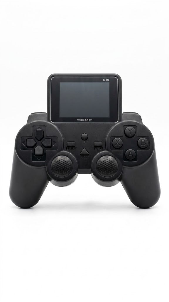VS-10/S10 controller-style handheld retro game player with built-in screen, dual joysticks, A B X Y buttons, and included USB-C charging cable plus AV RCA TV cable.