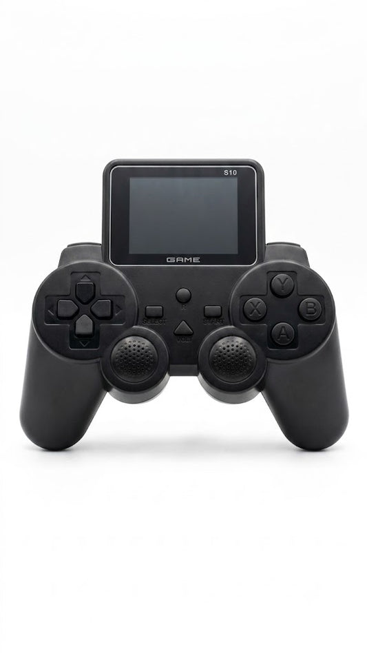 VS-10/S10 controller-style handheld retro game player with built-in screen, dual joysticks, A B X Y buttons, and included USB-C charging cable plus AV RCA TV cable.