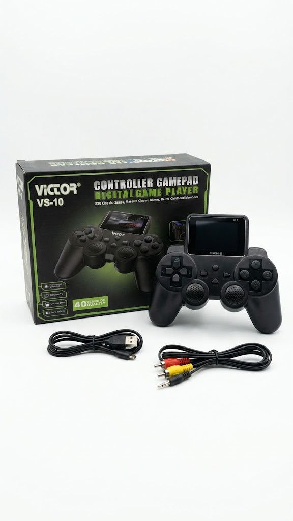 VS-10/S10 controller-style handheld retro game player with built-in screen, dual joysticks, A B X Y buttons, and included USB-C charging cable plus AV RCA TV cable.