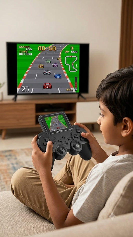 VS-10/S10 controller-style handheld retro game player with built-in screen, dual joysticks, A B X Y buttons, and included USB-C charging cable plus AV RCA TV cable.